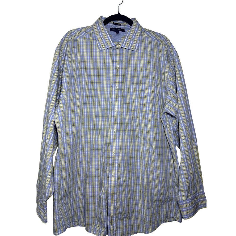 Tommy Hilfiger Plaid Button Down Shirt 17.5 34-35 Blue Yellow Regular Fit Mens‎